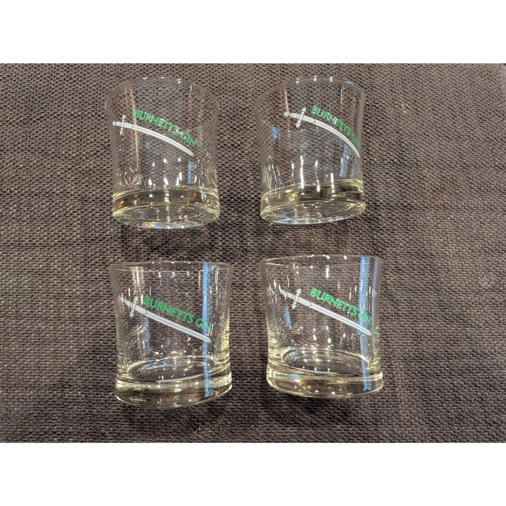 Vintage 1972 Burnetts Gin Lowball Rocks Glass Set 4 Advertising Barware orig box